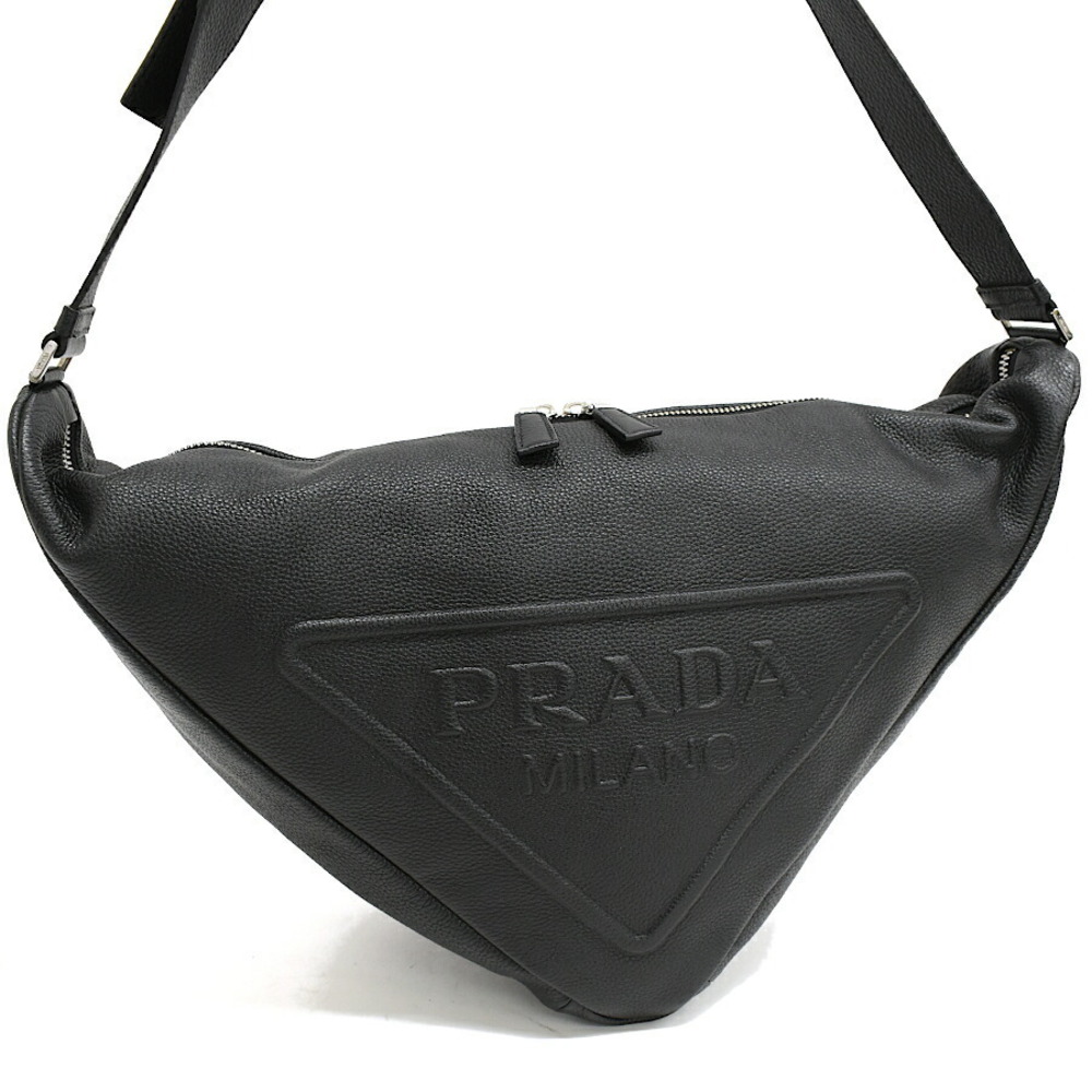 Prada Triangle Shoulder Bag Leather Logo Plate Black